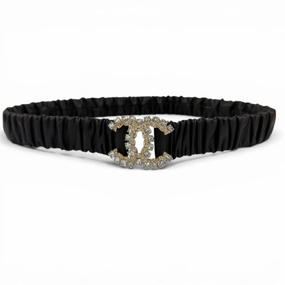 Chanel 21c CC Logo Rhinestone Leather Rubber Belt Black Gold