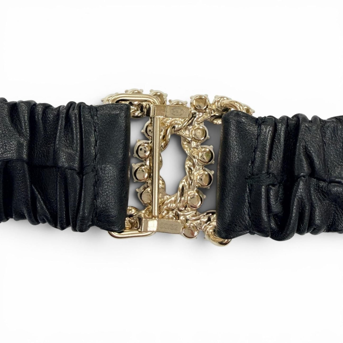 Chanel 21c CC Logo Rhinestone Leather Rubber Belt Black Gold