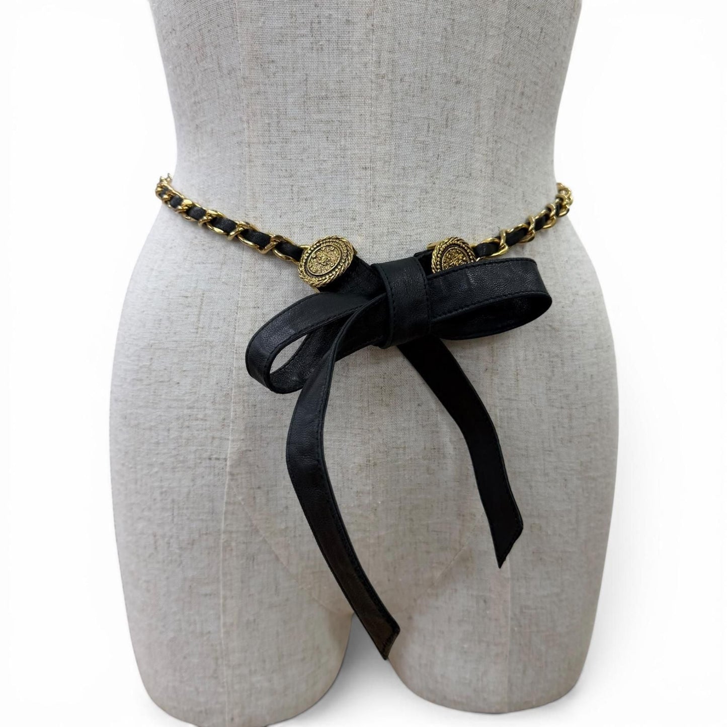 Chanel Vintage CC Logo Chain Leather Ribbon Belt Black Gold