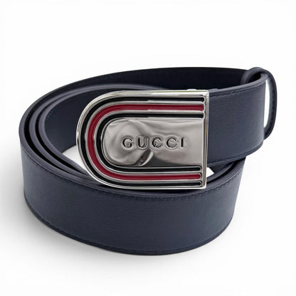 Gucci Daaat Web Detail Buckle Leather Belt Navy Silver 90 Recommended