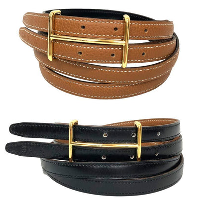 Hermes Belt Double Strand Thin Reversible 80 Camel Black Gold