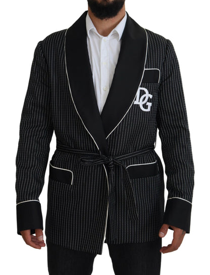 Dolce & Gabbana Dark Gray Robe Striped DG Patch Jacket Men Blazer