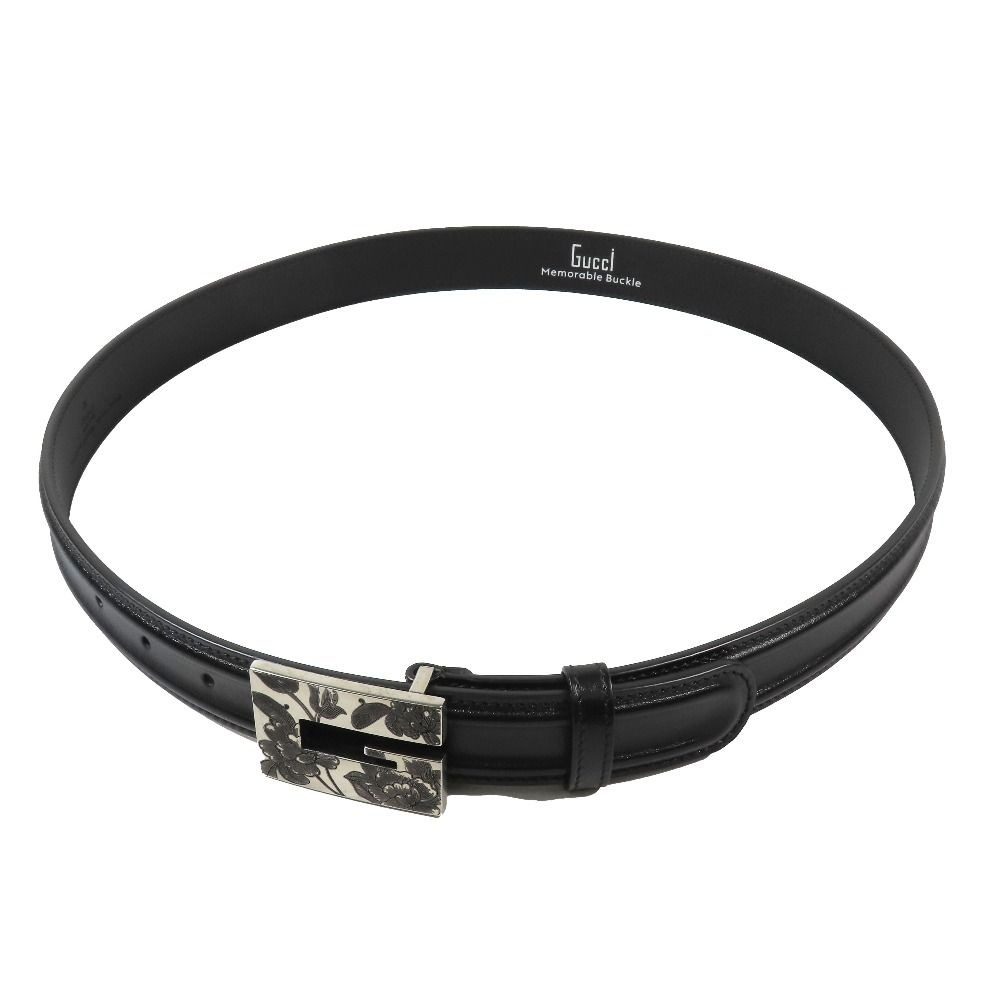 Gucci Square Flower Buckle Belt Leather Memorable Eyelet Black Silver
