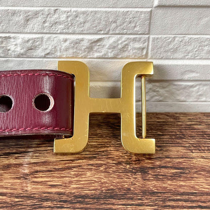 Hermes Leather Buckle Gold Belt Bordeaux
